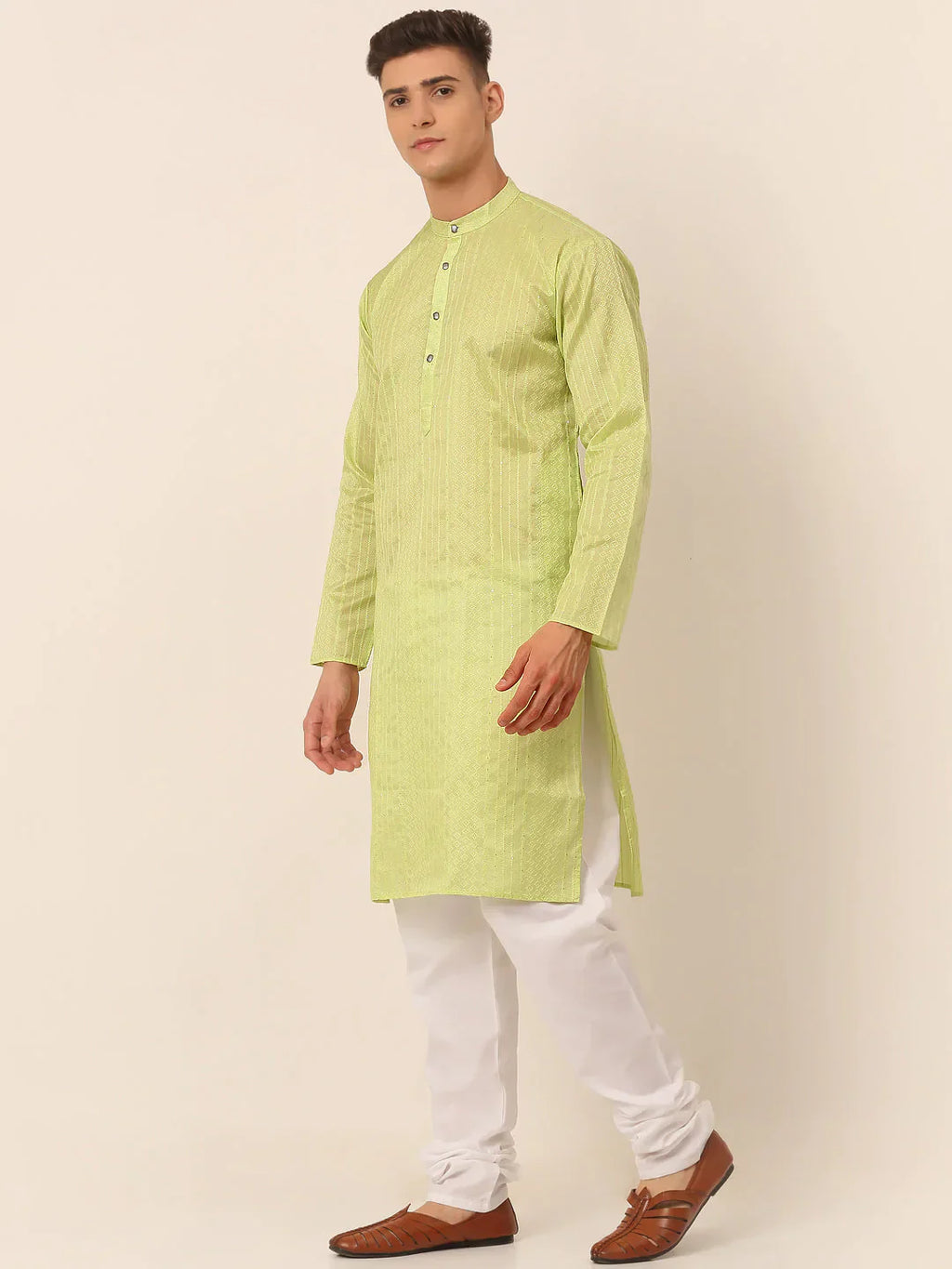Jompers Men's Silk Blend Sequence Embroidered Kurta Pyjama Set - Green