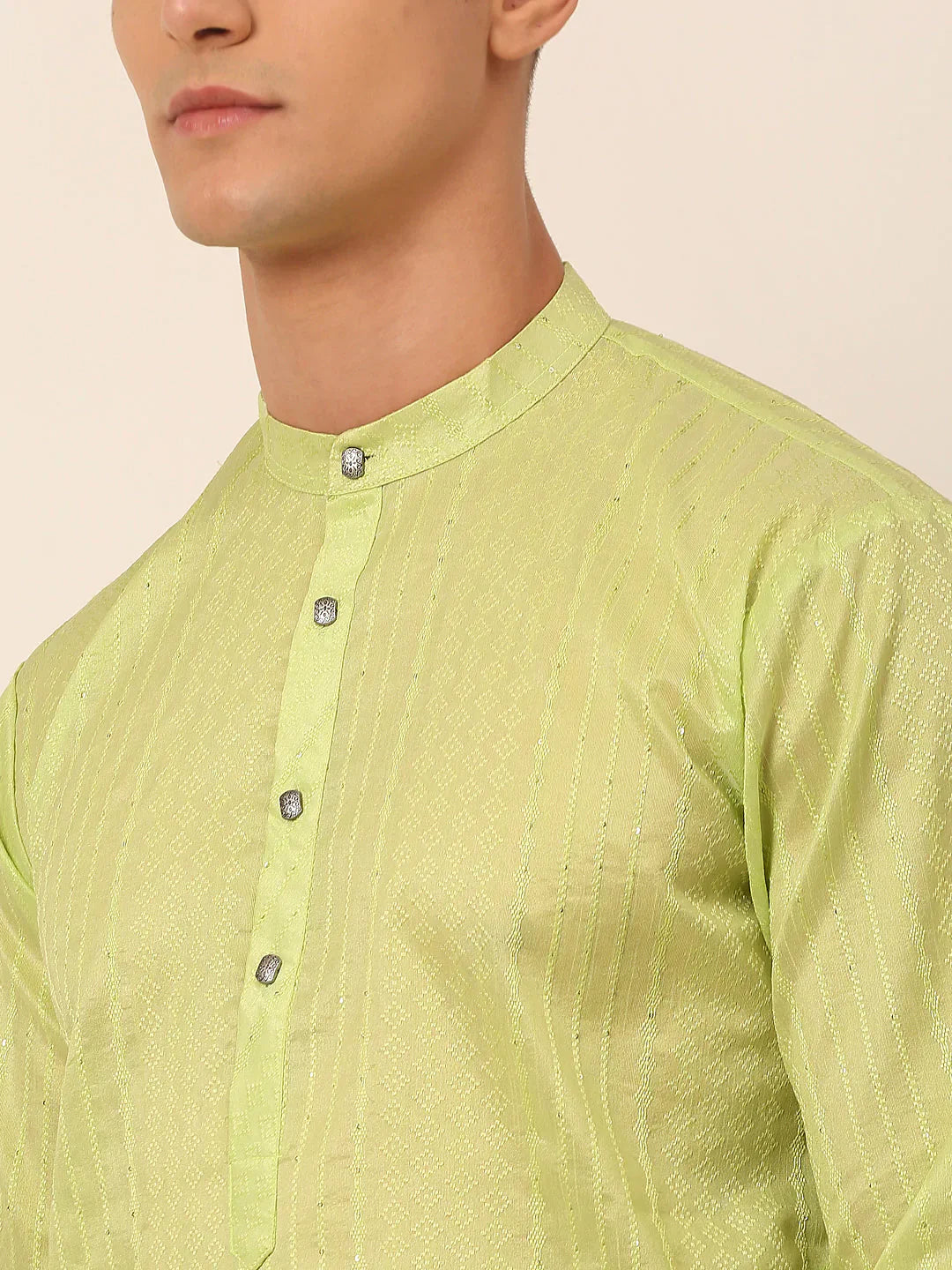 Jompers Men's Silk Blend Sequence Embroidered Kurta Pyjama Set - Green