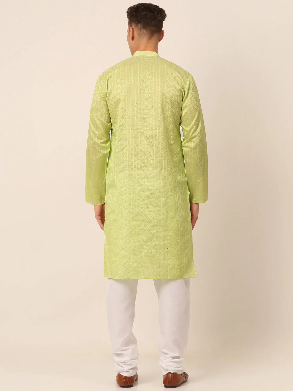 Jompers Men's Silk Blend Sequence Embroidered Kurta Pyjama Set - Green