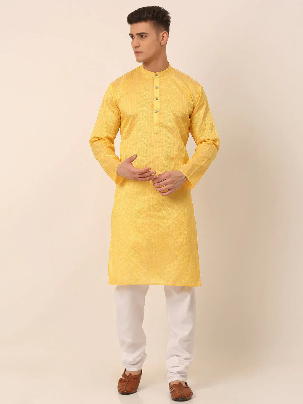 Jompers Men's Silk Blend Sequence Embroidered Kurta Pyjama Set - Yellow