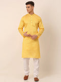 Jompers Men's Silk Blend Sequence Embroidered Kurta Pyjama Set - Yellow
