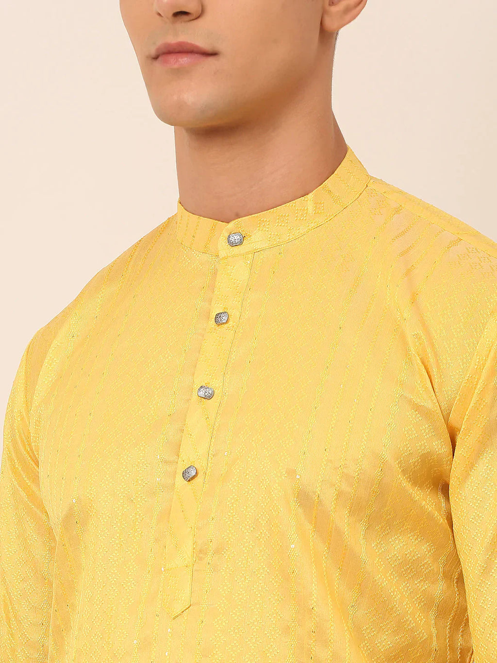 Jompers Men's Silk Blend Sequence Embroidered Kurta Pyjama Set - Yellow