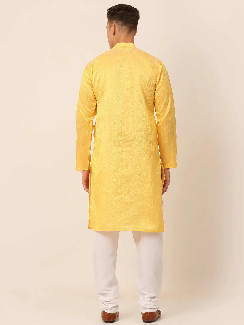 Jompers Men's Silk Blend Sequence Embroidered Kurta Pyjama Set - Yellow
