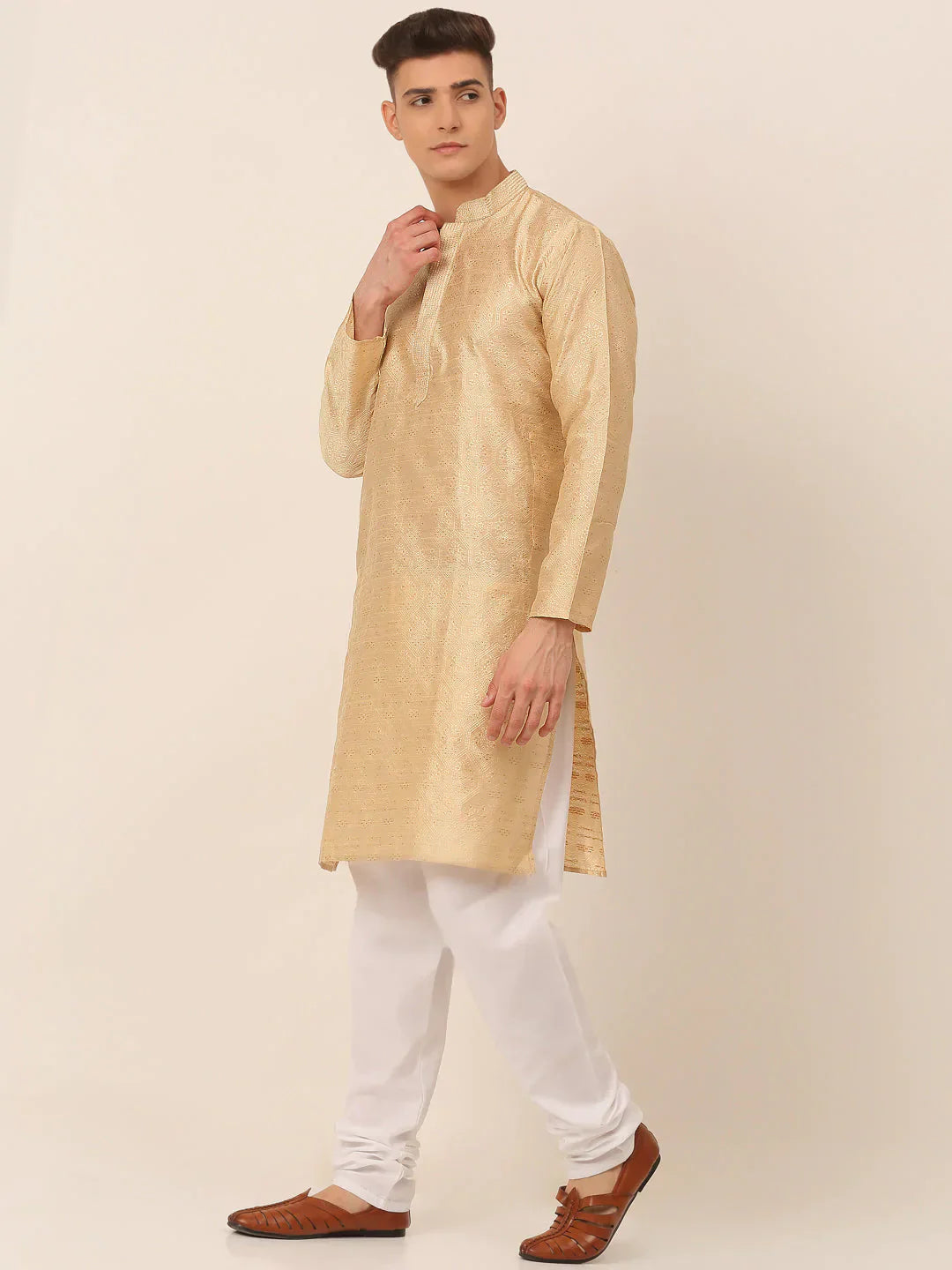 Jompers Men's Silk Blend Collar Embroidered Kurta Pyjama Set - Beige