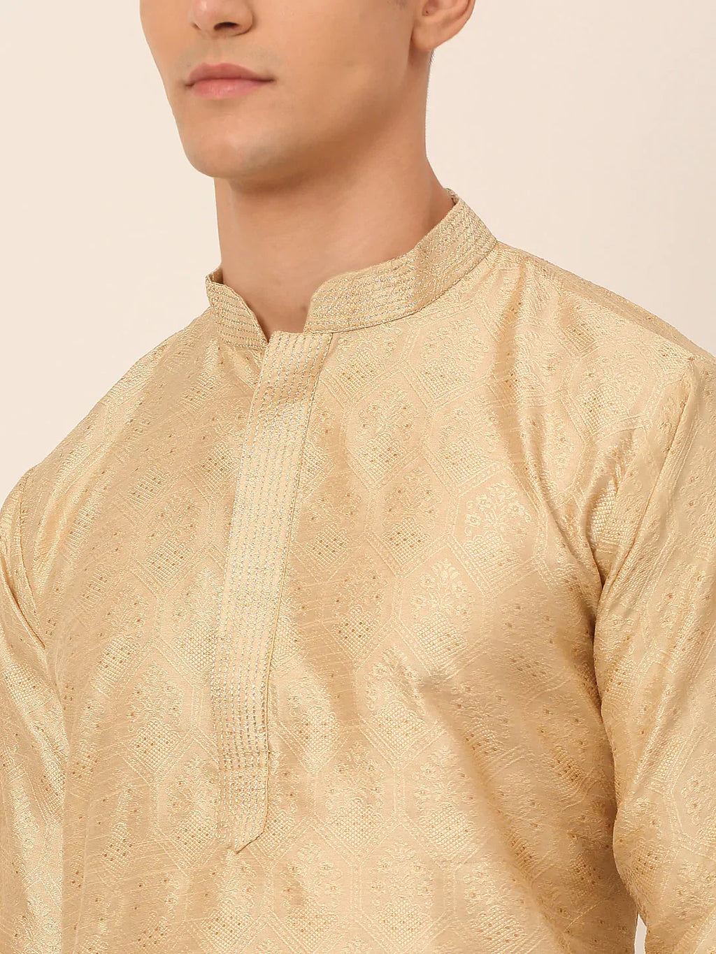 Jompers Men's Silk Blend Collar Embroidered Kurta Pyjama Set - Beige