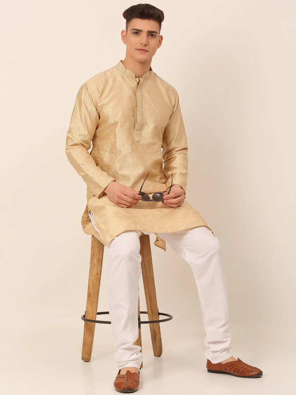Jompers Men's Silk Blend Collar Embroidered Kurta Pyjama Set - Beige