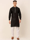 Jompers Men's Silk Blend Collar Embroidered Kurta Pyjama Set - Black