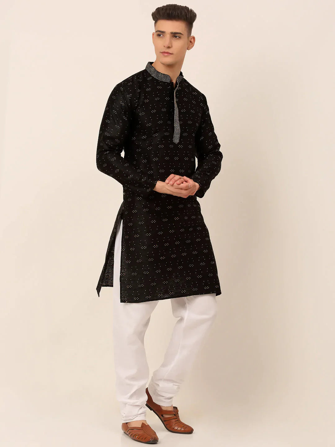 Jompers Men's Silk Blend Collar Embroidered Kurta Pyjama Set - Black