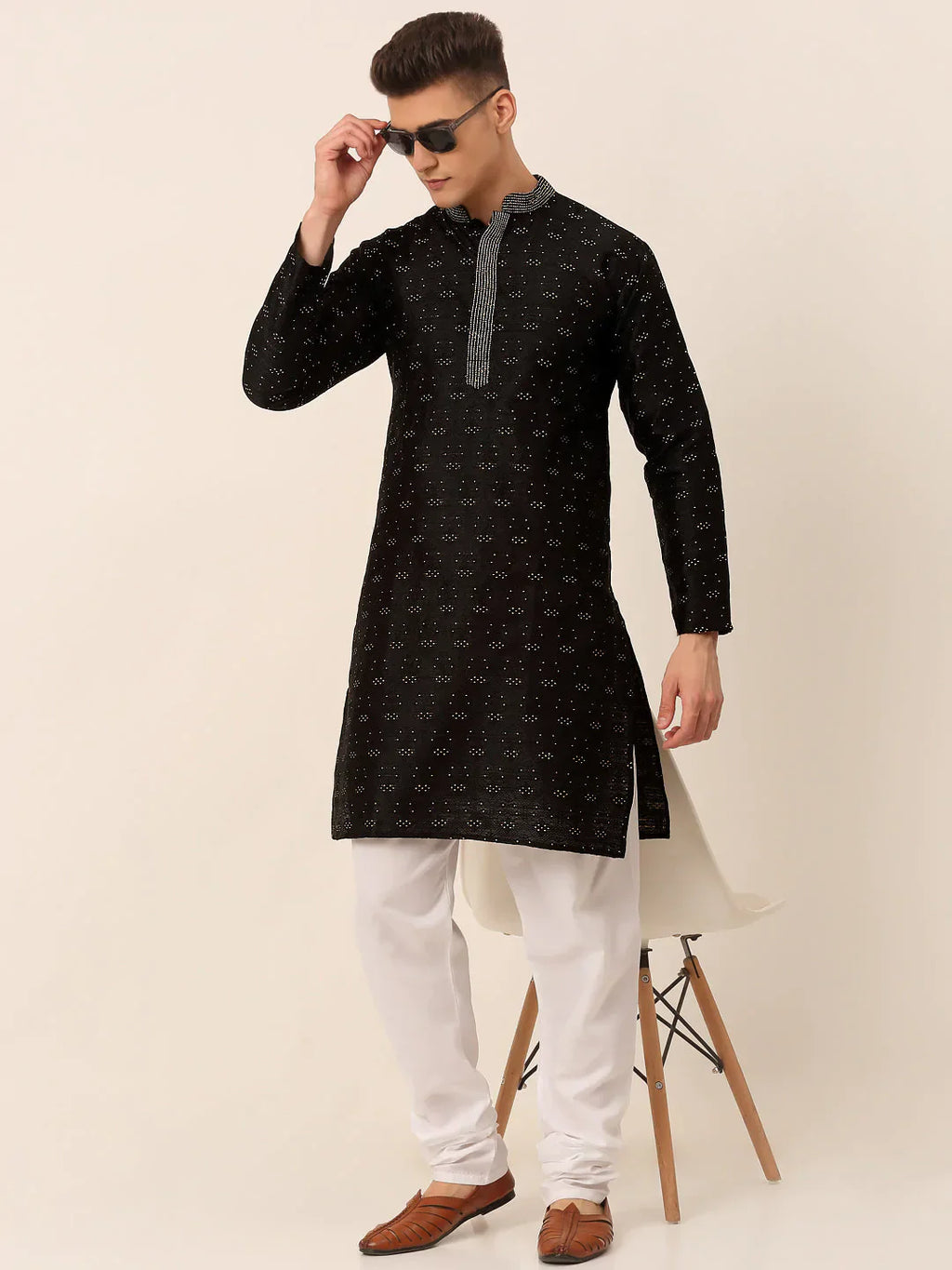 Jompers Men's Silk Blend Collar Embroidered Kurta Pyjama Set - Black