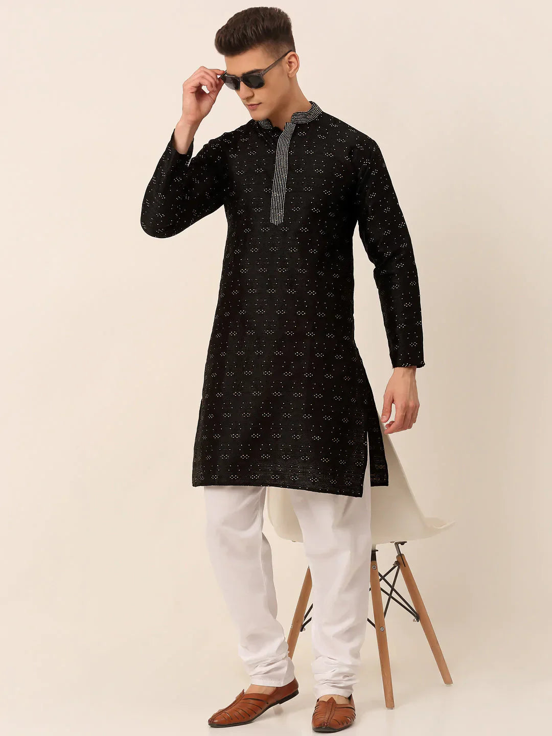 Jompers Men's Silk Blend Collar Embroidered Kurta Pyjama Set - Black