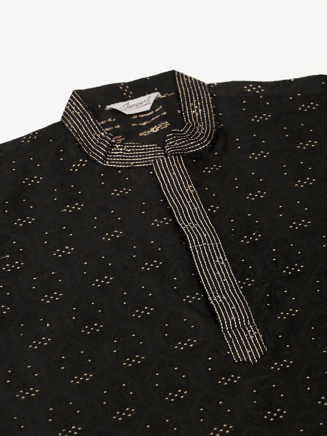 Jompers Men's Silk Blend Collar Embroidered Kurta Pyjama Set - Black