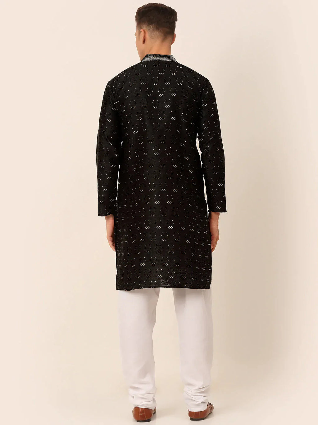 Jompers Men's Silk Blend Collar Embroidered Kurta Pyjama Set - Black