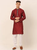 Jompers Men's Silk Blend Collar Embroidered Kurta Pyjama Set - Maroon