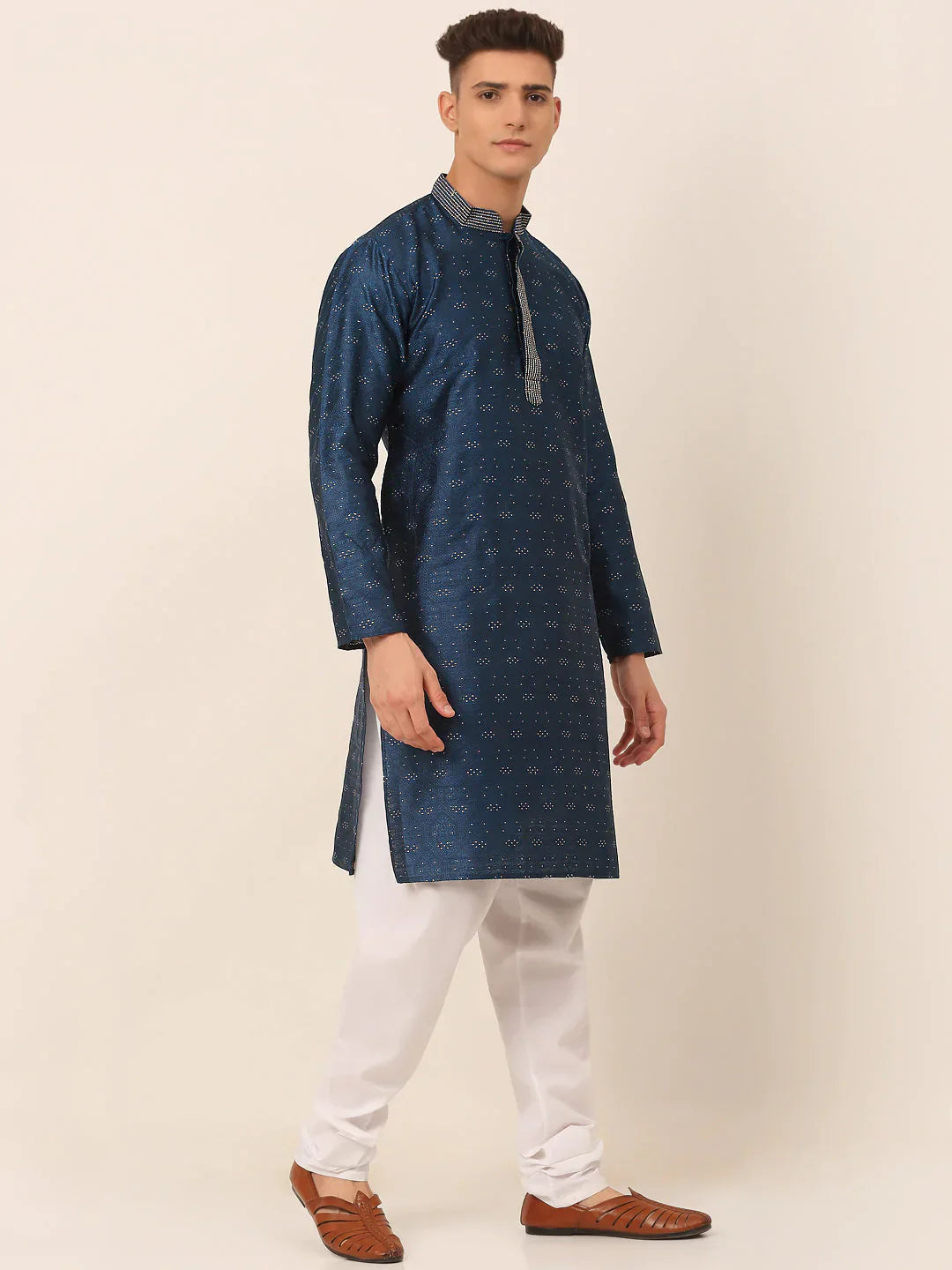 Jompers Men's Silk Blend Collar Embroidered Kurta Pyjama Set - Peacock