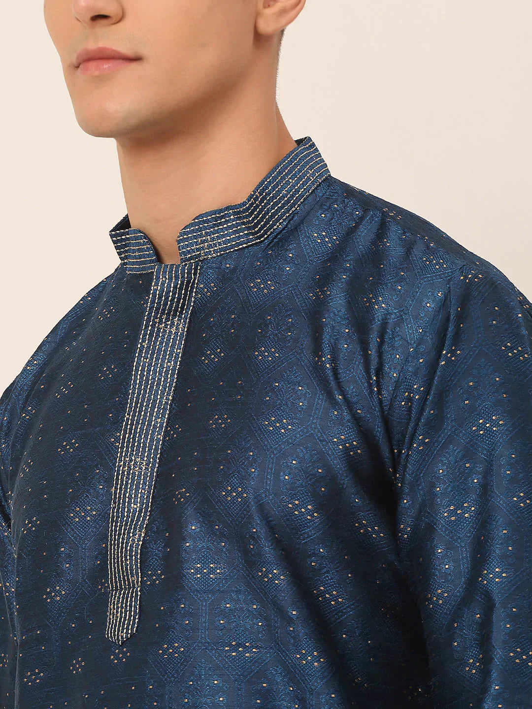 Jompers Men's Silk Blend Collar Embroidered Kurta Pyjama Set - Peacock