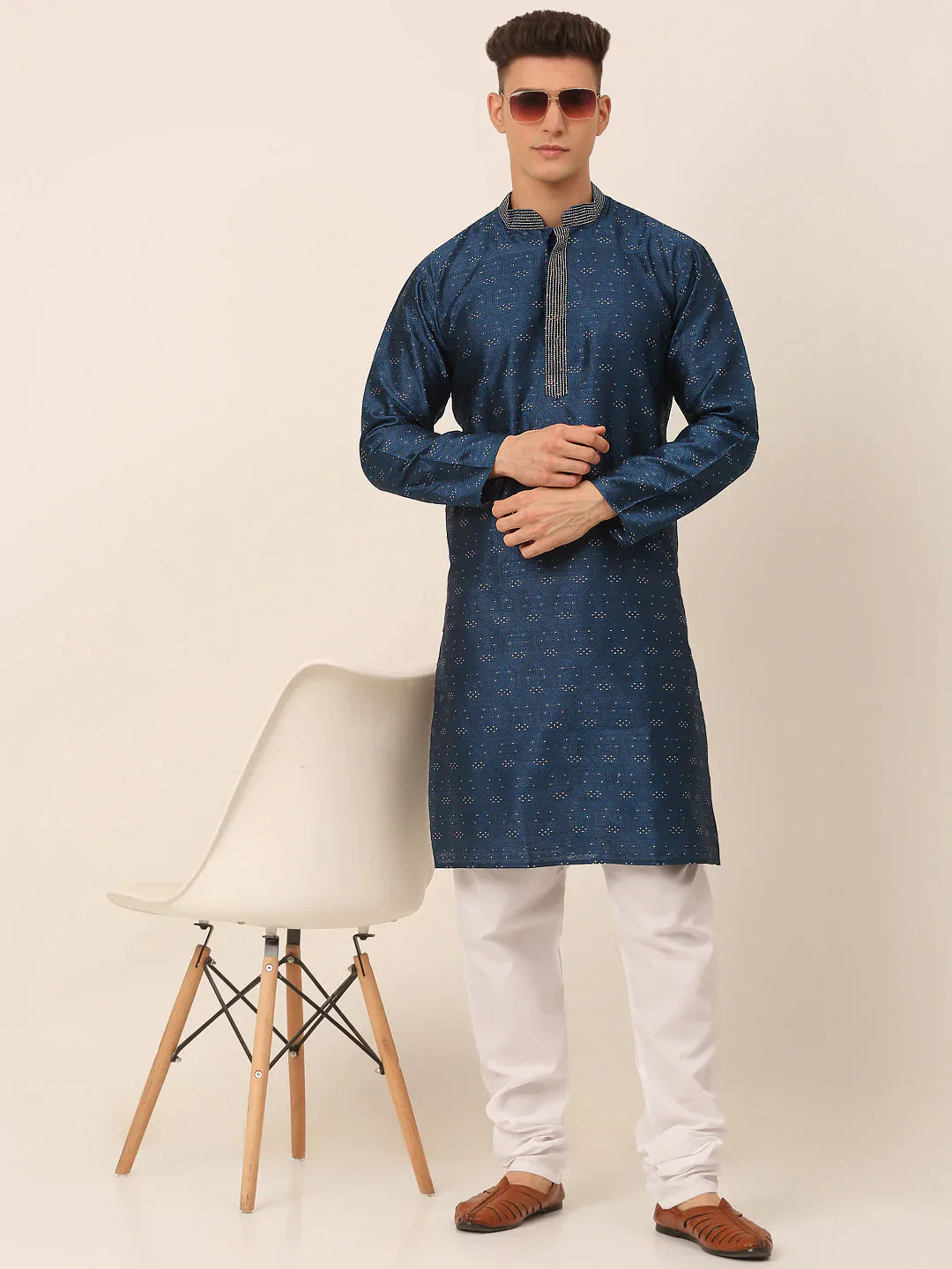 Jompers Men's Silk Blend Collar Embroidered Kurta Pyjama Set - Peacock