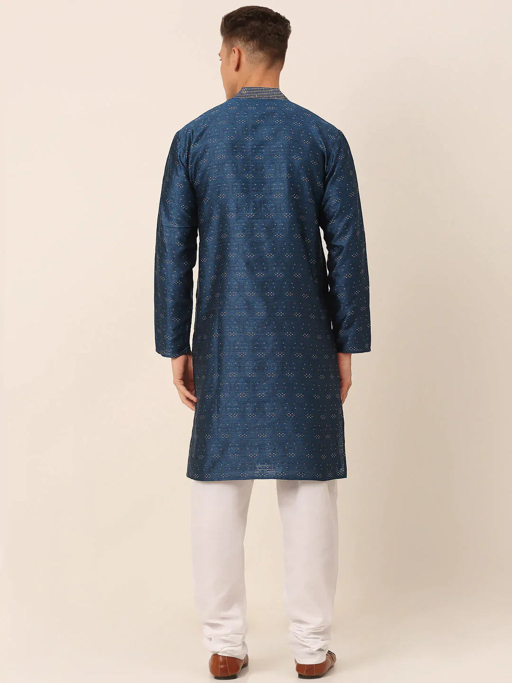 Jompers Men's Silk Blend Collar Embroidered Kurta Pyjama Set - Peacock