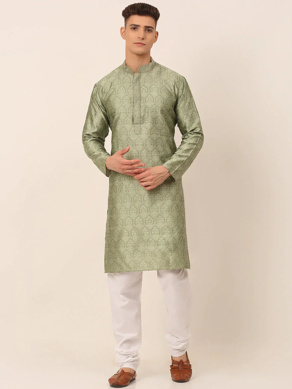 Jompers Men's Silk Blend Collar Embroidered Kurta Pyjama Set - Pista