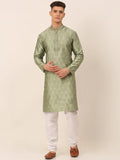 Jompers Men's Silk Blend Collar Embroidered Kurta Pyjama Set - Pista
