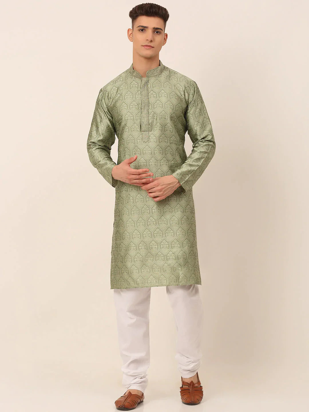 Jompers Men's Silk Blend Collar Embroidered Kurta Pyjama Set - Pista