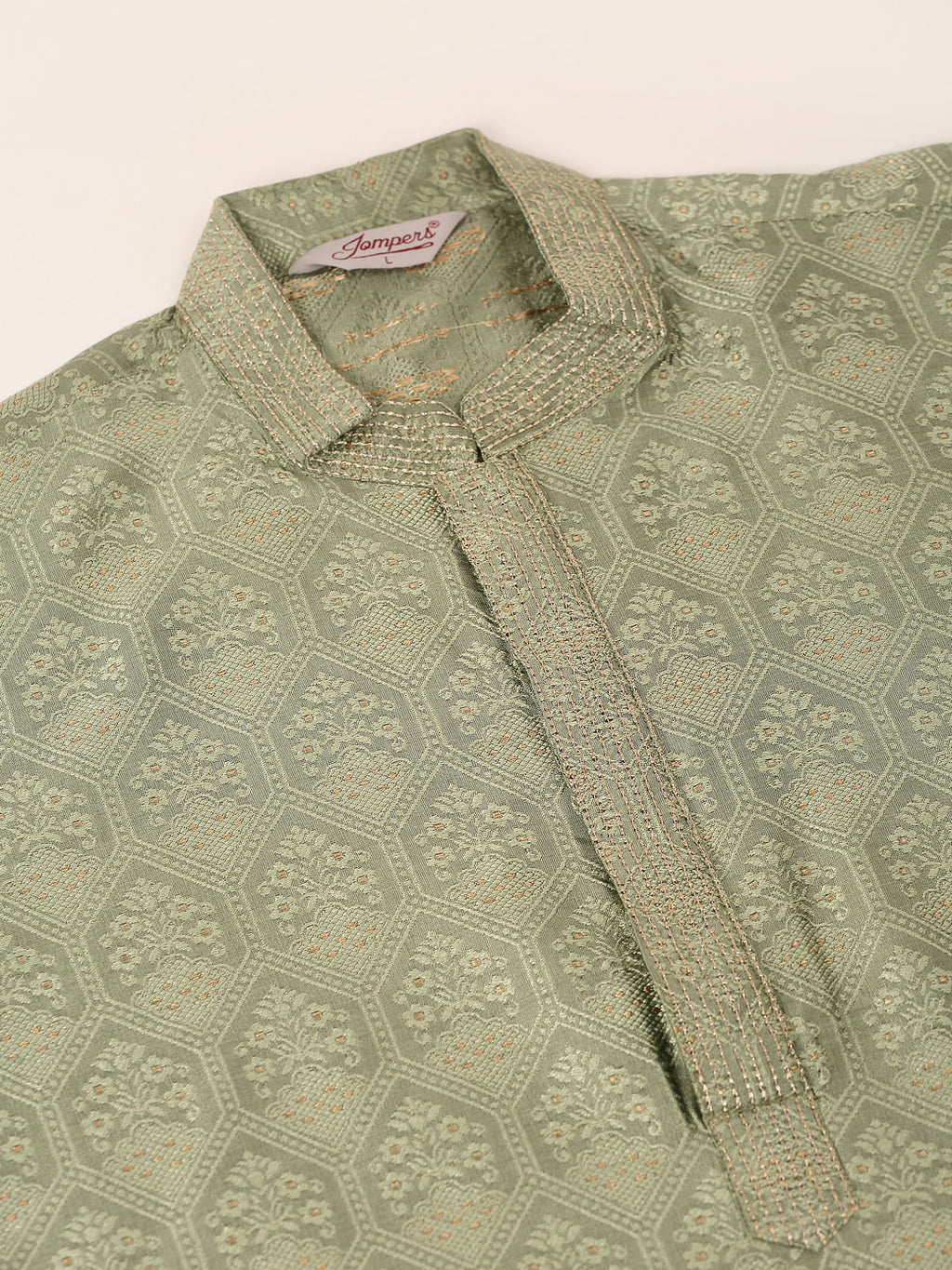 Jompers Men's Silk Blend Collar Embroidered Kurta Pyjama Set - Pista