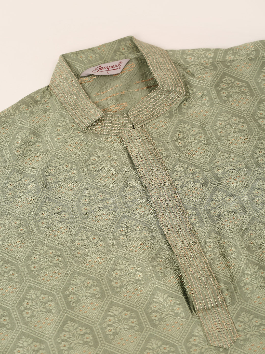 Jompers Men's Silk Blend Collar Embroidered Kurta Pyjama Set - Pista