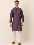 Jompers Men's Silk Blend Collar Embroidered Kurta Pyjama Set - Purple