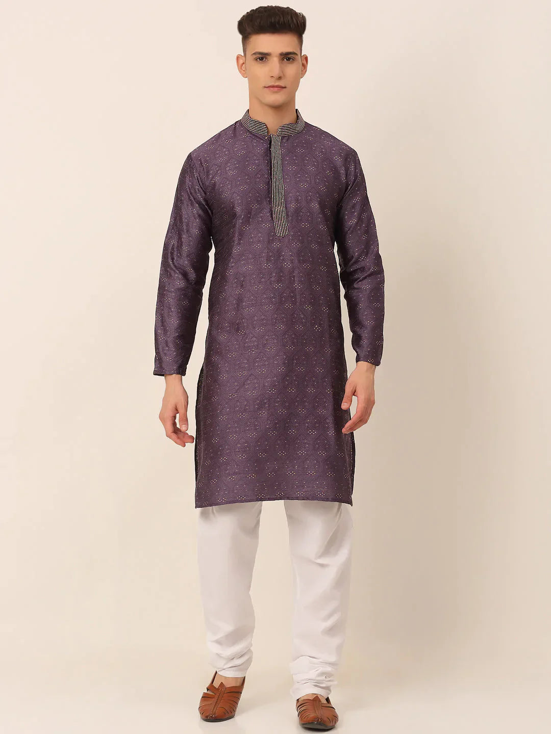 Jompers Men's Silk Blend Collar Embroidered Kurta Pyjama Set - Purple