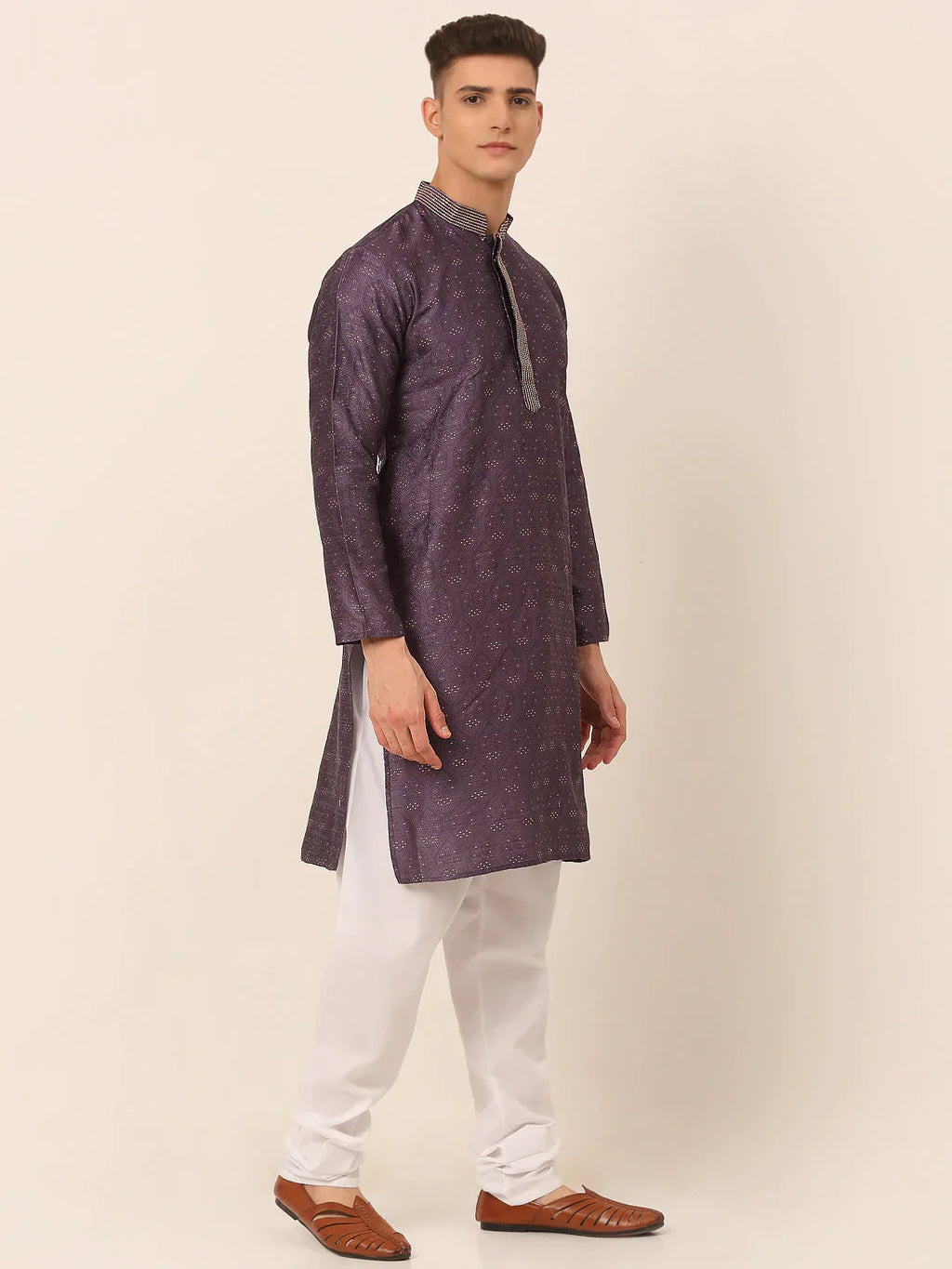 Jompers Men's Silk Blend Collar Embroidered Kurta Pyjama Set - Purple