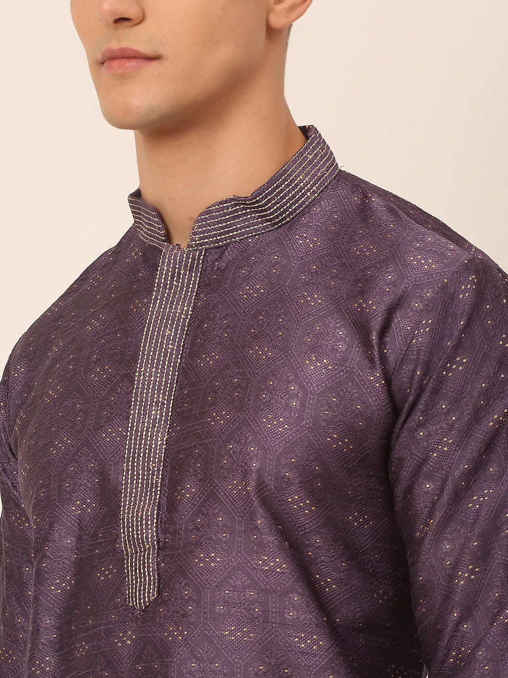 Jompers Men's Silk Blend Collar Embroidered Kurta Pyjama Set - Purple