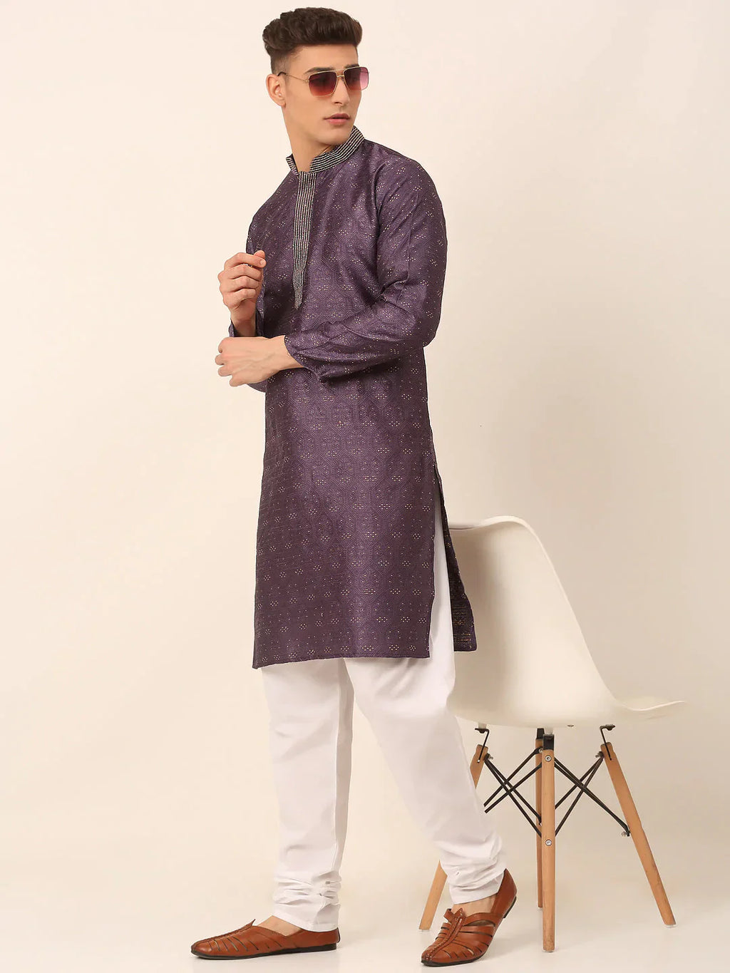 Jompers Men's Silk Blend Collar Embroidered Kurta Pyjama Set - Purple