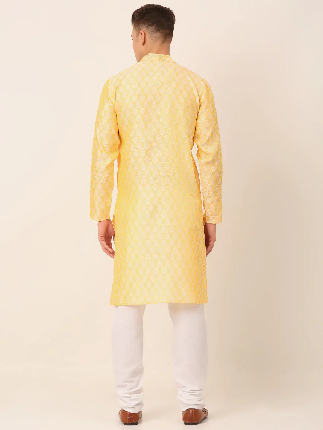 Jompers Men's Silk Blend Collar Embroidered Kurta Pyjama Set - Golden
