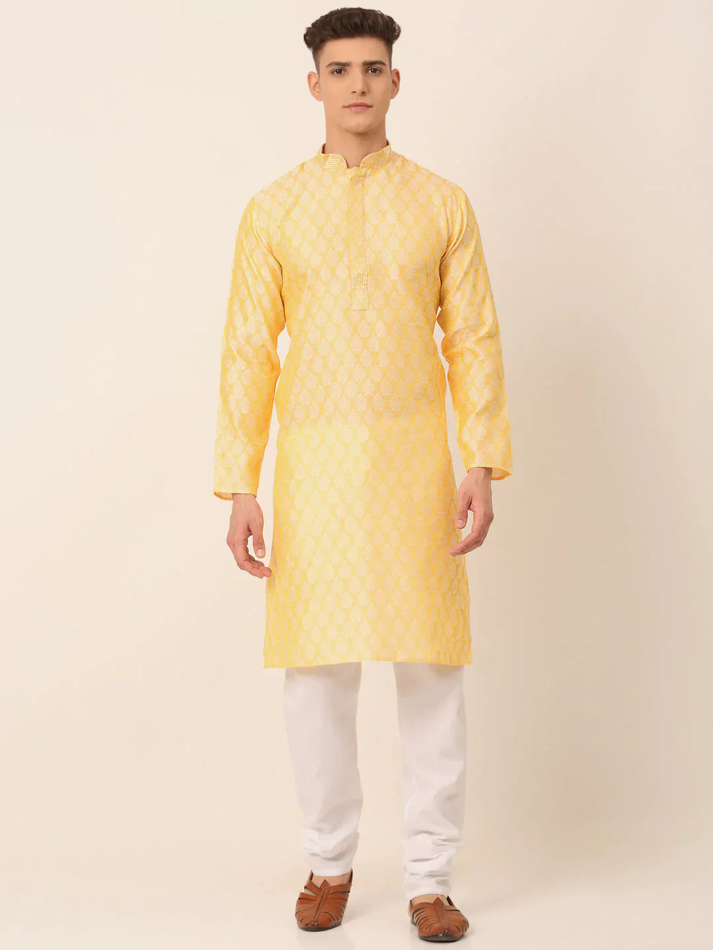 Jompers Men's Silk Blend Collar Embroidered Kurta Pyjama Set - Golden