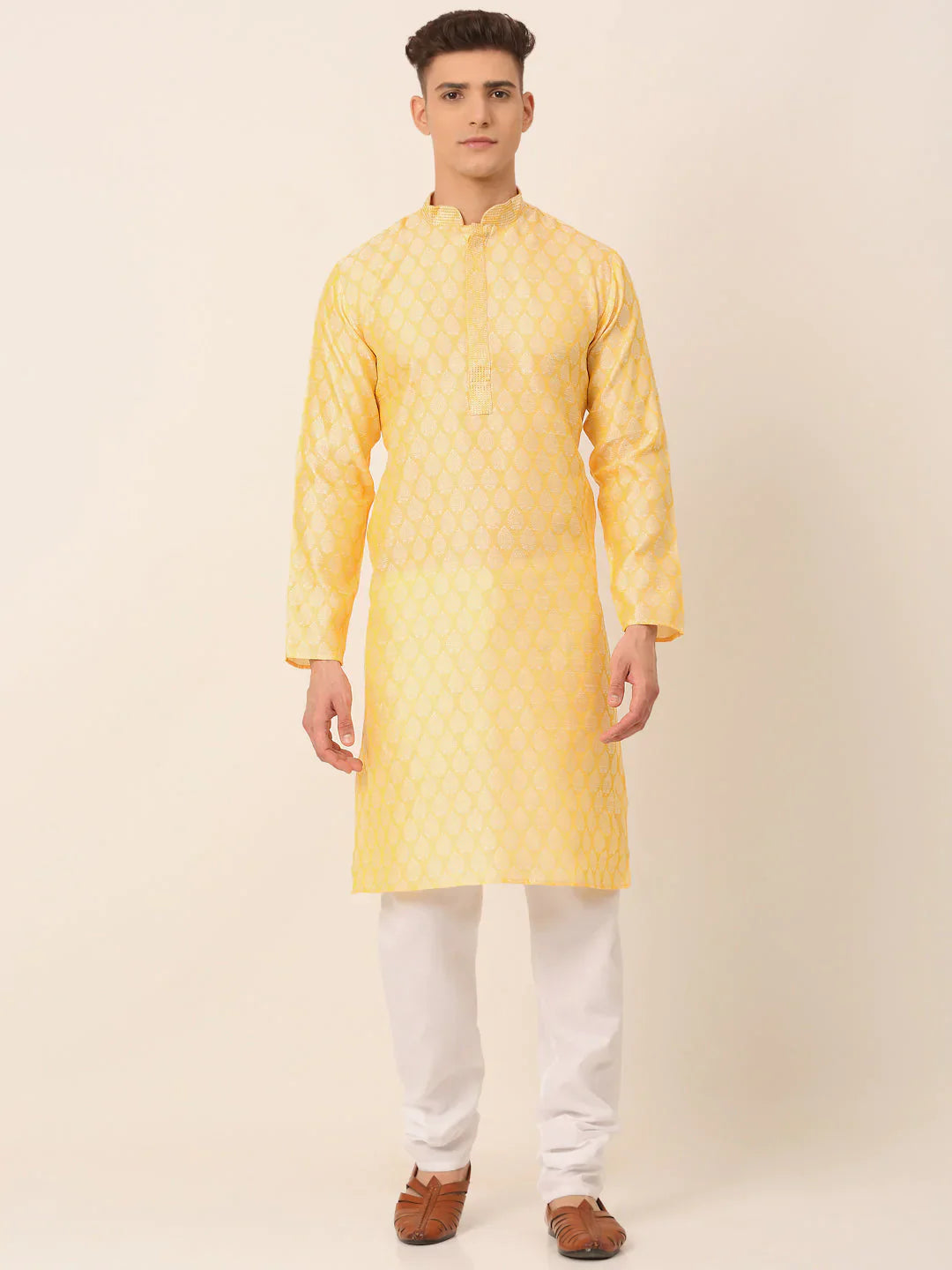 Jompers Men's Silk Blend Collar Embroidered Kurta Pyjama Set - Golden