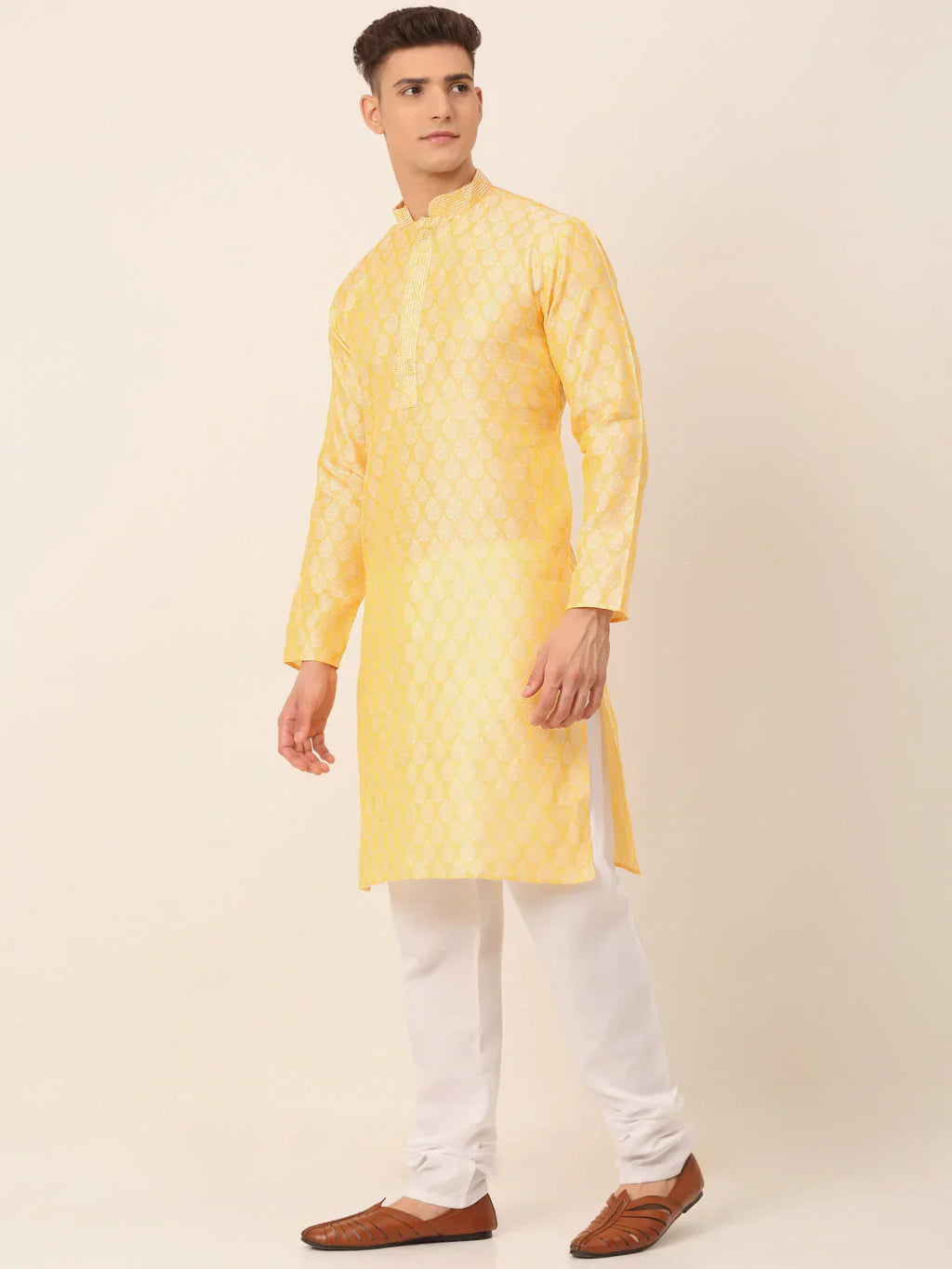 Jompers Men's Silk Blend Collar Embroidered Kurta Pyjama Set - Golden