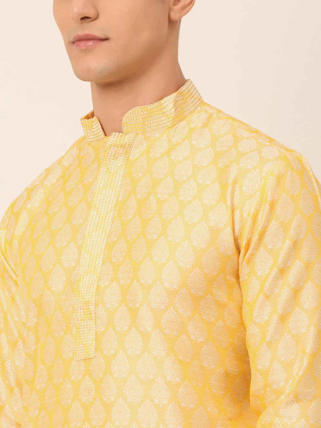 Jompers Men's Silk Blend Collar Embroidered Kurta Pyjama Set - Golden