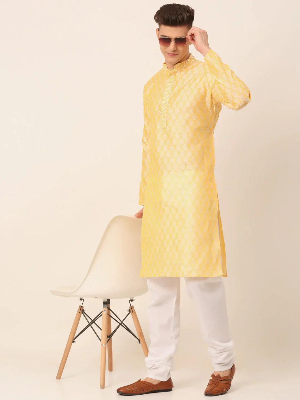 Jompers Men's Silk Blend Collar Embroidered Kurta Pyjama Set - Golden