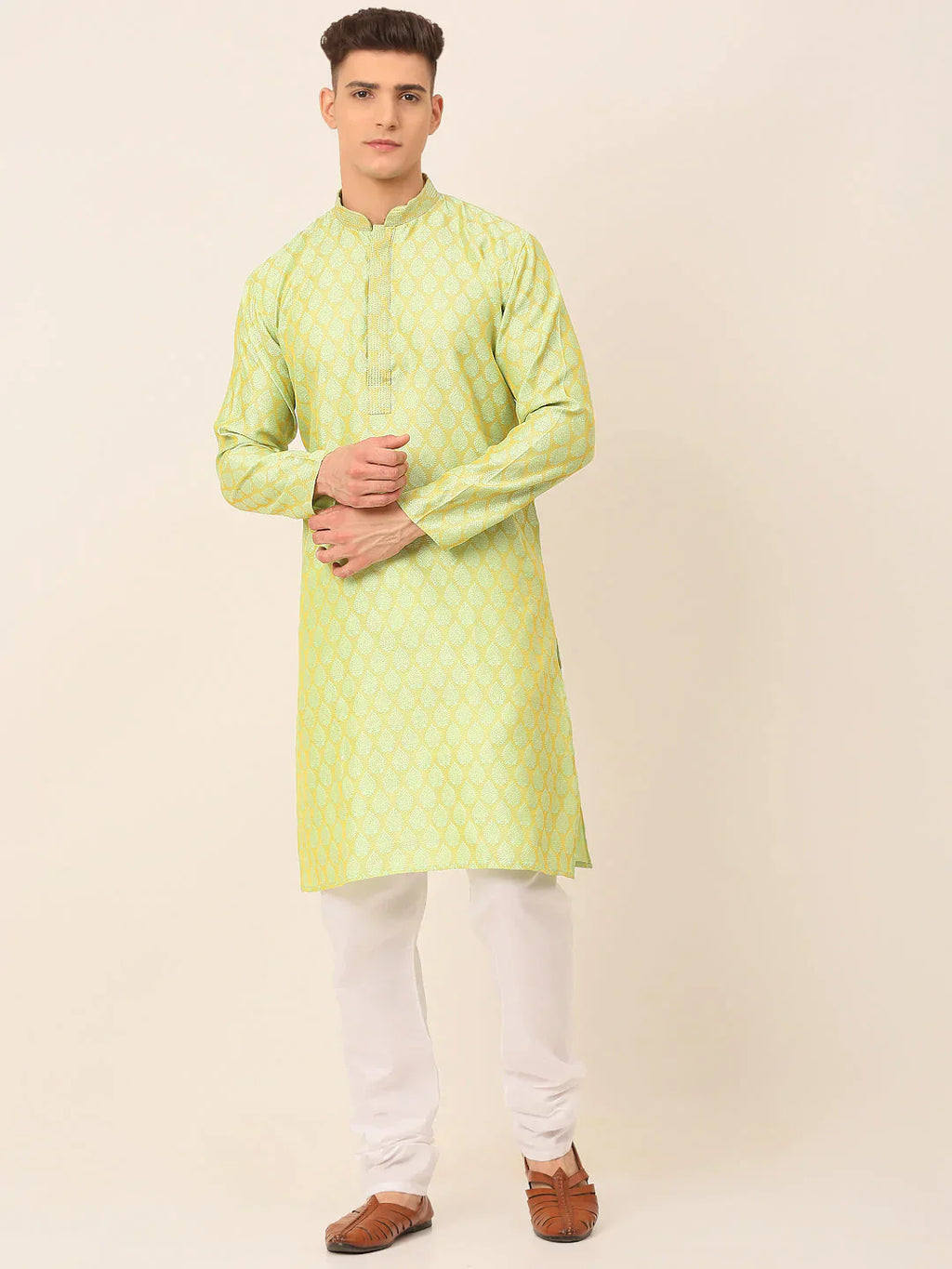 Jompers Men's Silk Blend Collar Embroidered Kurta Pyjama Set - Green
