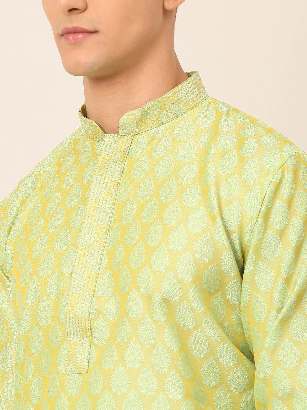 Jompers Men's Silk Blend Collar Embroidered Kurta Pyjama Set - Green