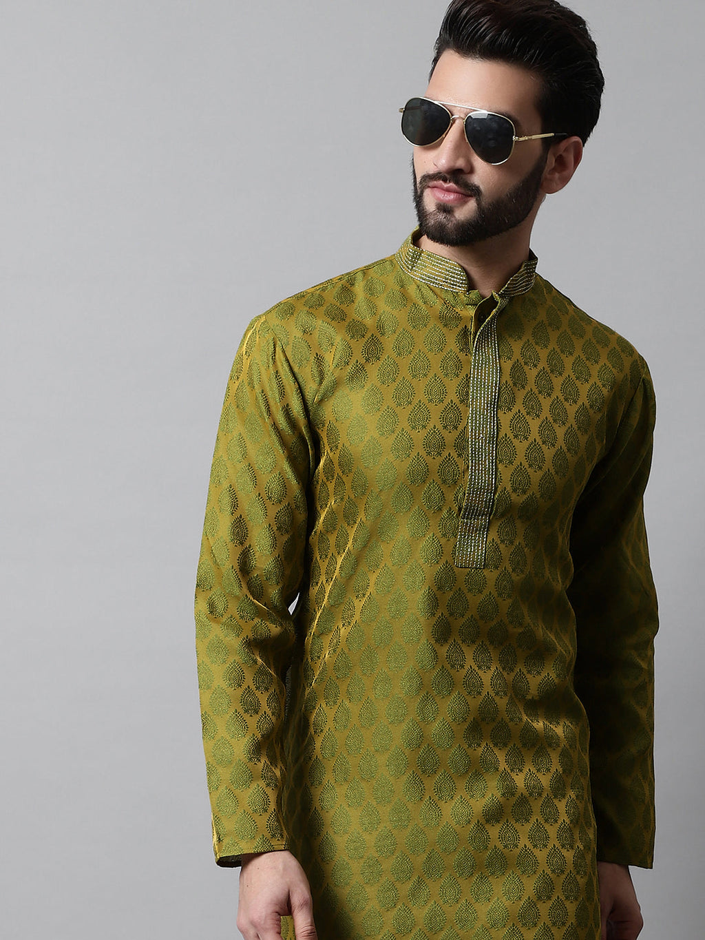 Jompers Men's Olive Green and White Woven Design Kurta With Churidar