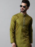 Jompers Men's Olive Green and White Woven Design Kurta With Churidar