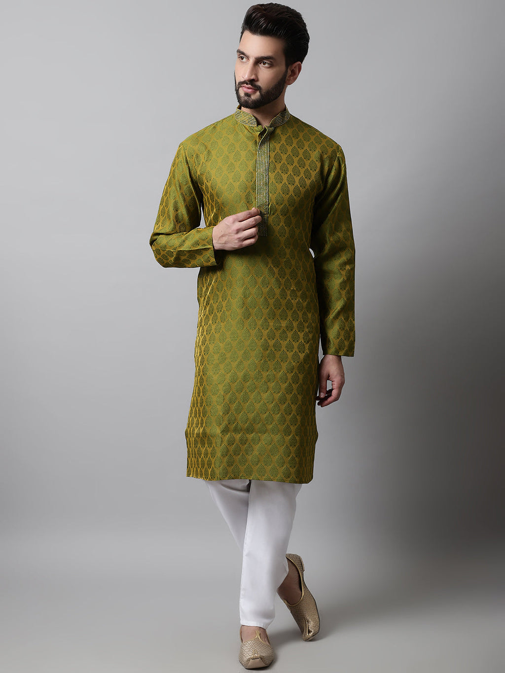 Jompers Men's Olive Green and White Woven Design Kurta With Churidar
