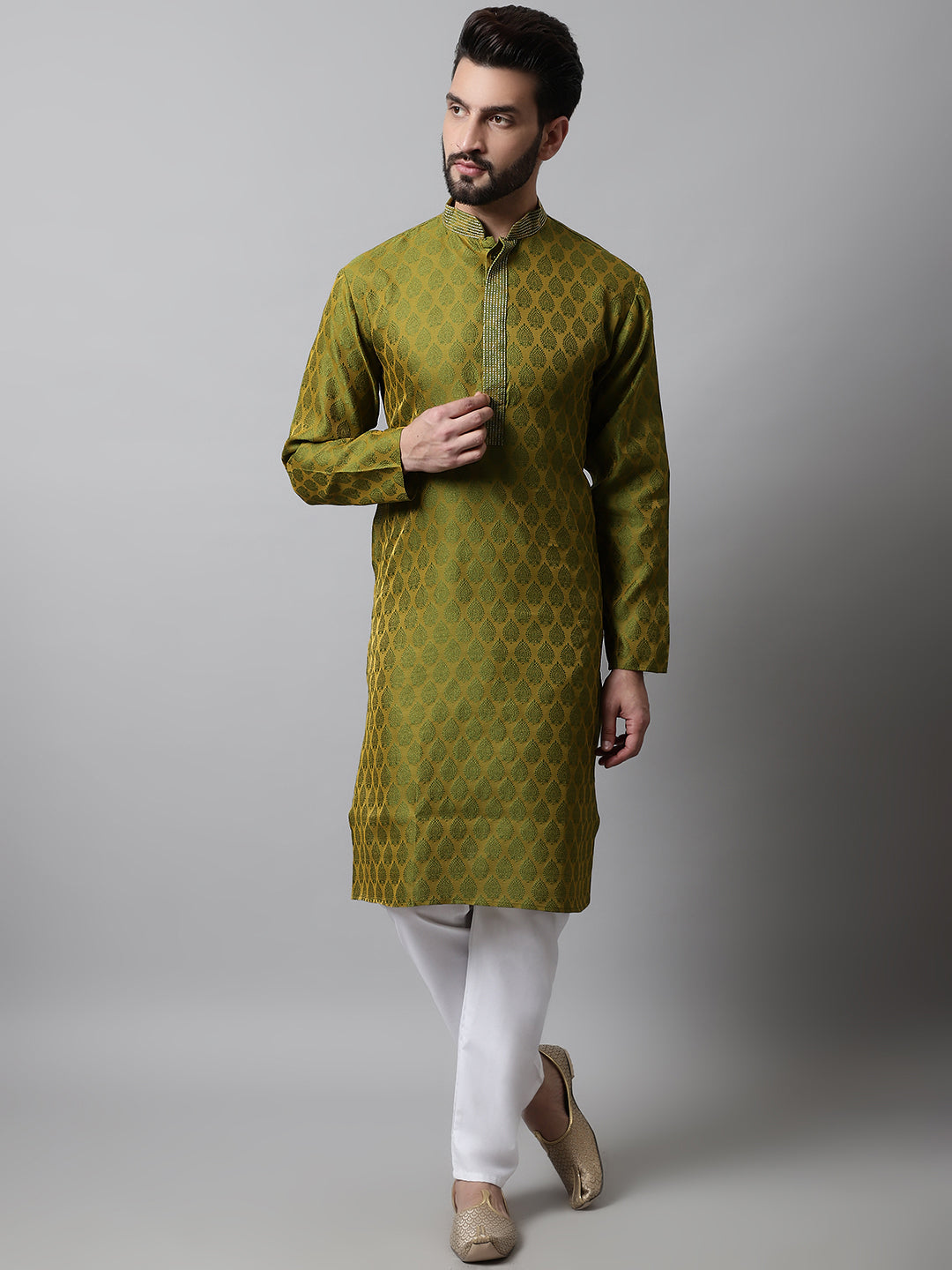Jompers Men's Olive Green and White Woven Design Kurta With Churidar