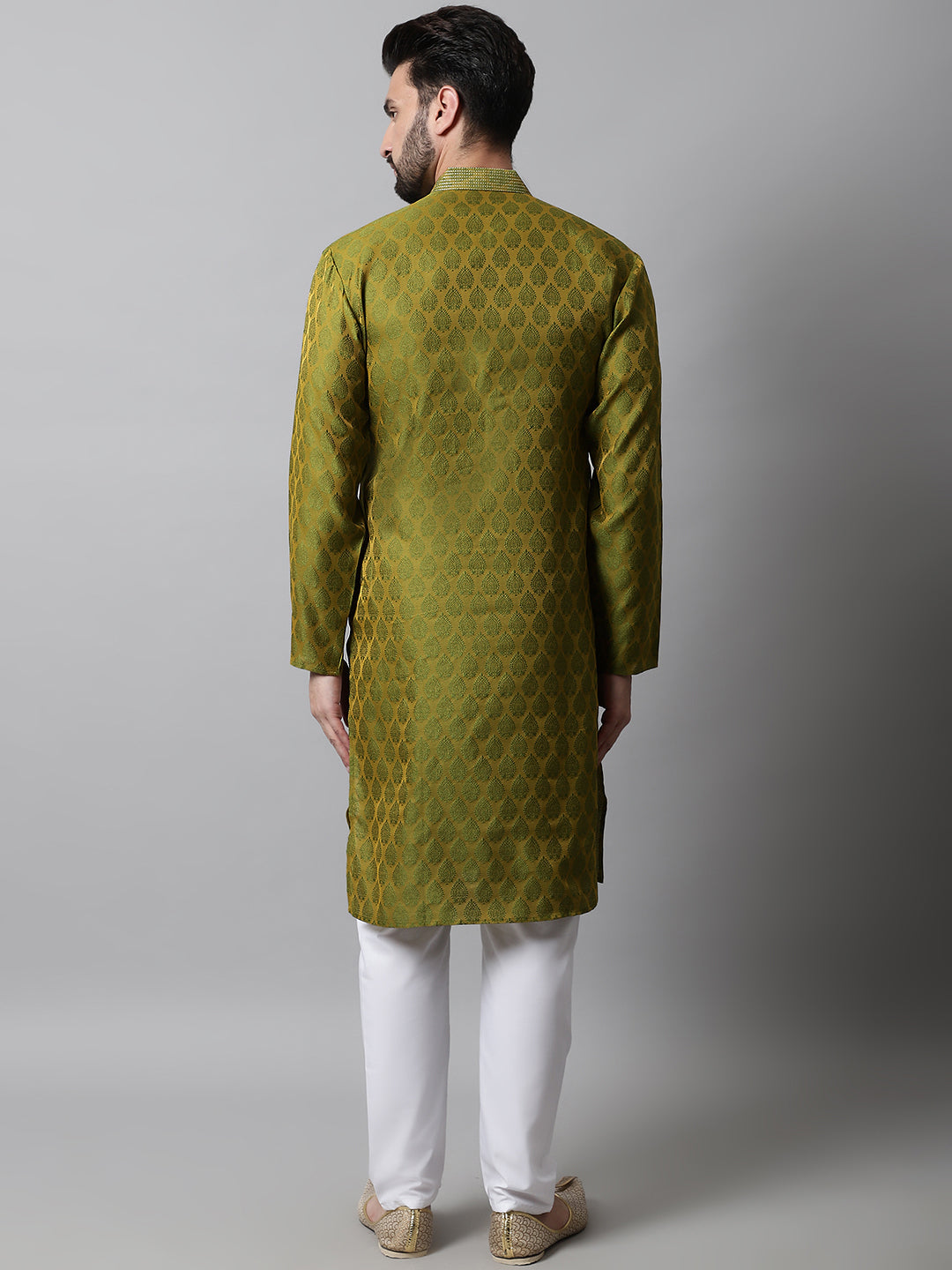 Jompers Men's Olive Green and White Woven Design Kurta With Churidar