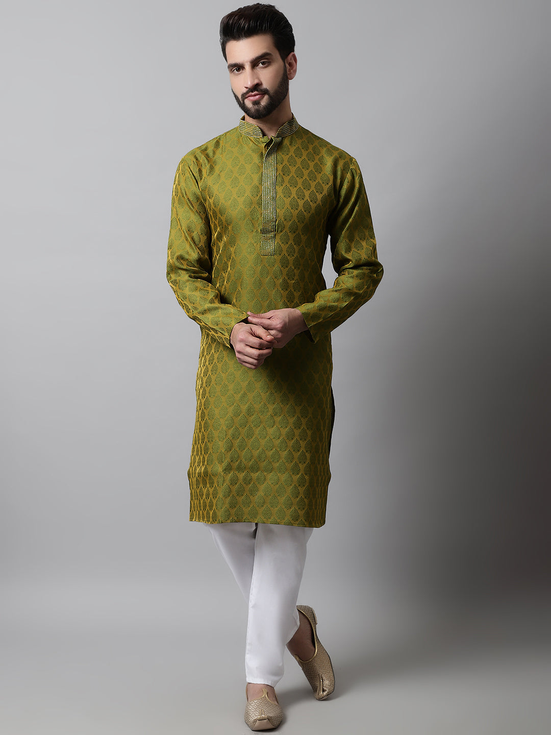Jompers Men's Olive Green and White Woven Design Kurta With Churidar