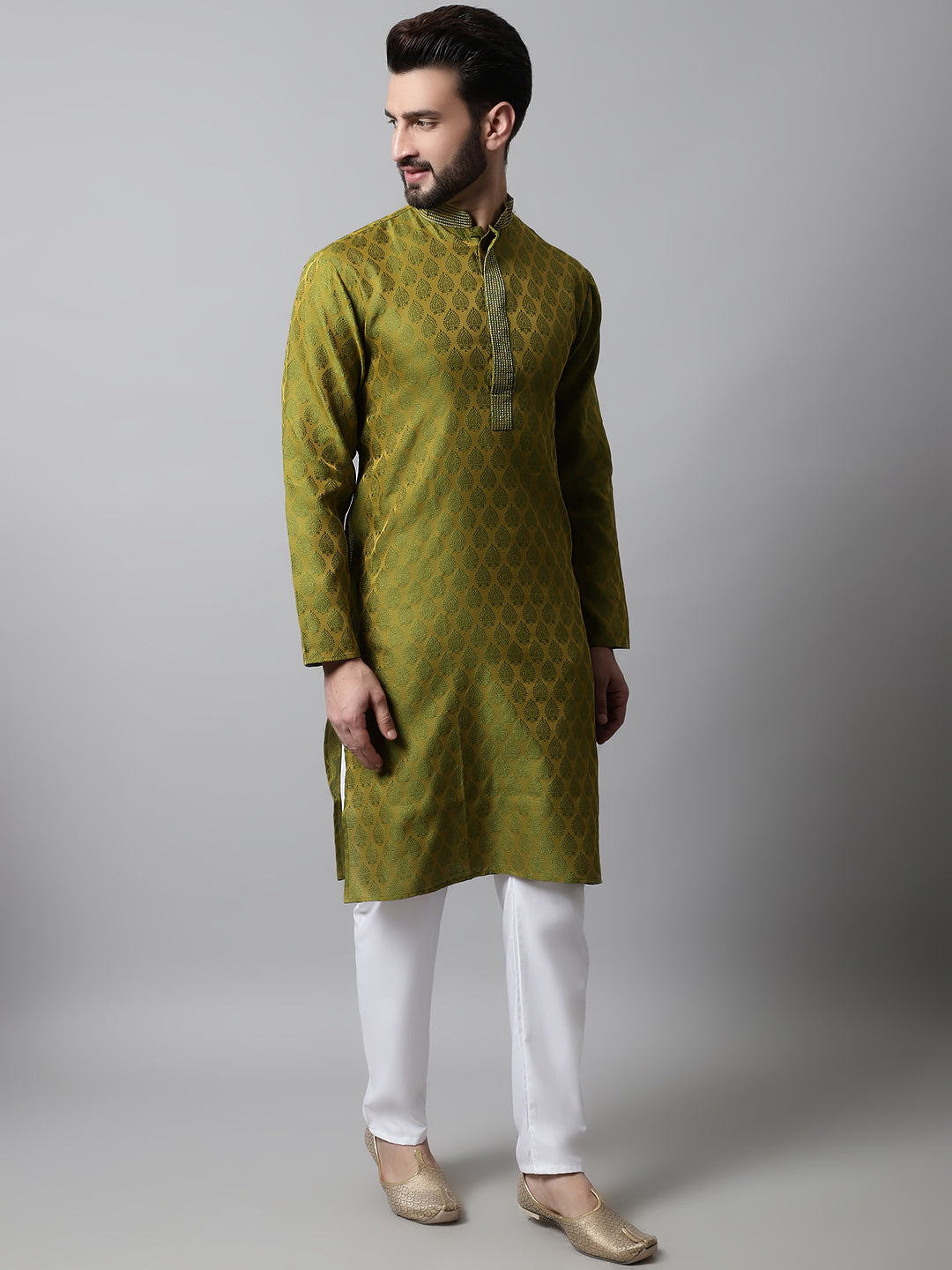 Jompers Men's Olive Green and White Woven Design Kurta With Churidar