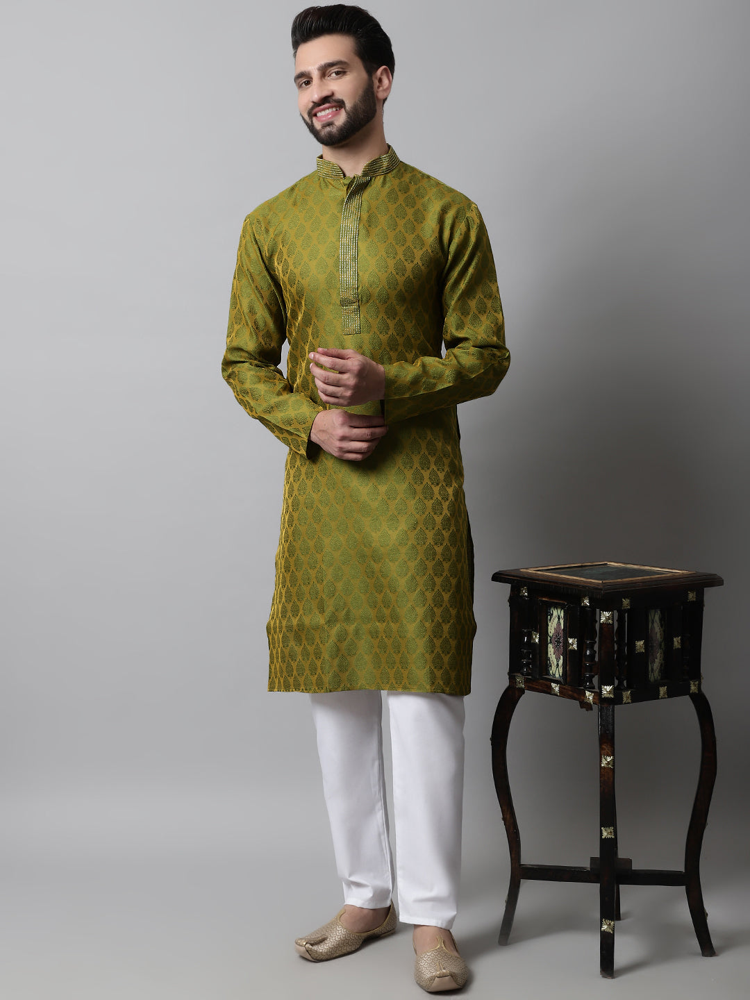 Jompers Men's Olive Green and White Woven Design Kurta With Churidar