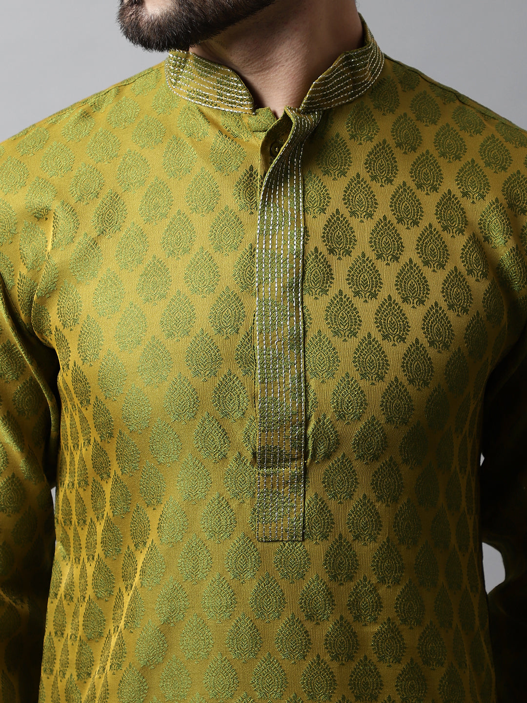 Jompers Men's Olive Green and White Woven Design Kurta With Churidar