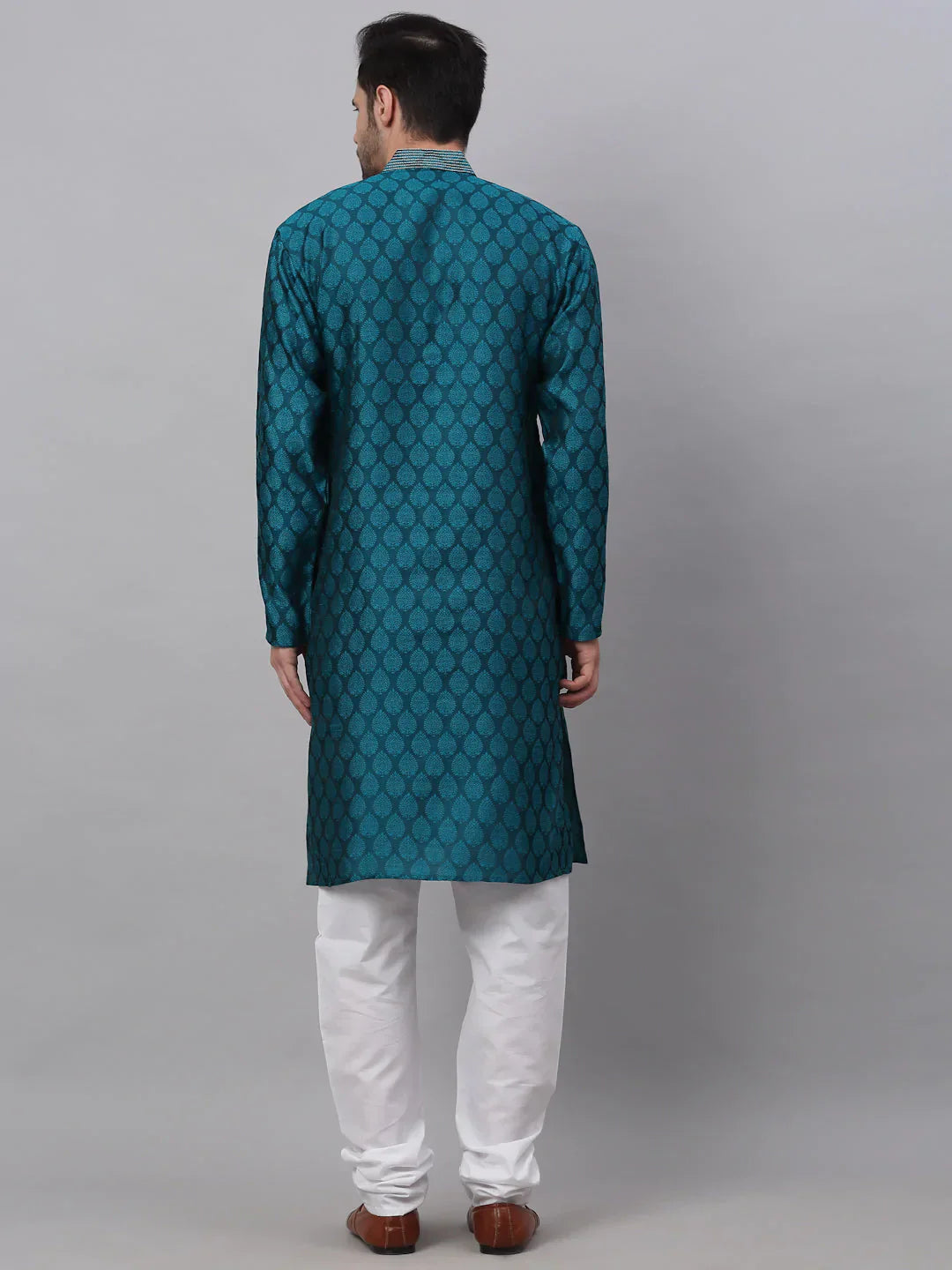 Jompers Men's Silk Blend Collar Embroidered Kurta Pyjama Set - Peacock