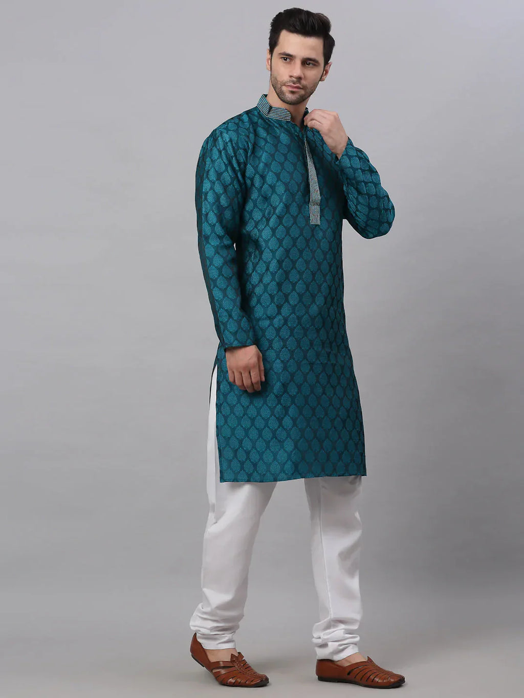 Jompers Men's Silk Blend Collar Embroidered Kurta Pyjama Set - Peacock